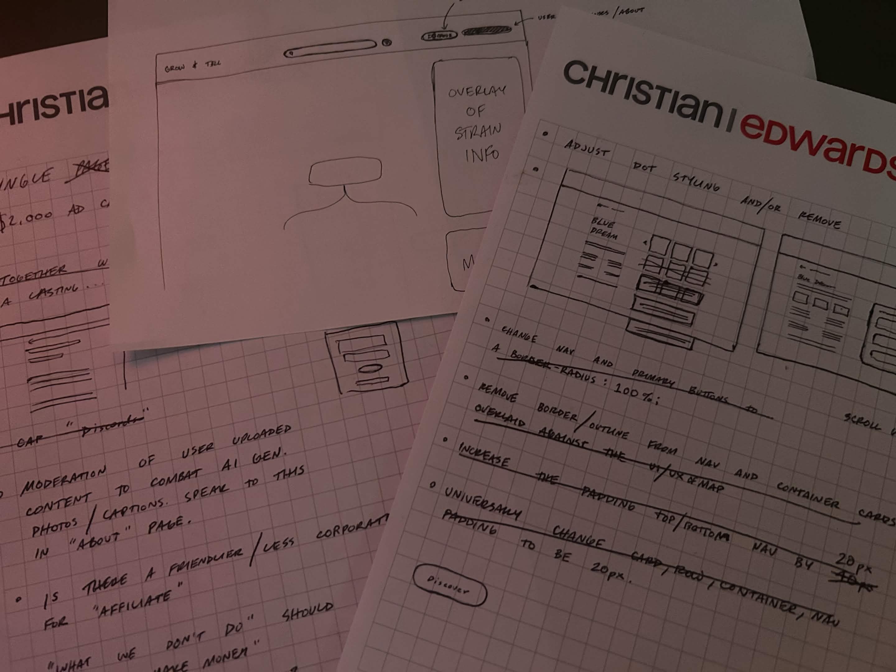 Hand-drawn early wireframe sketches and development notes for Grow & Tell