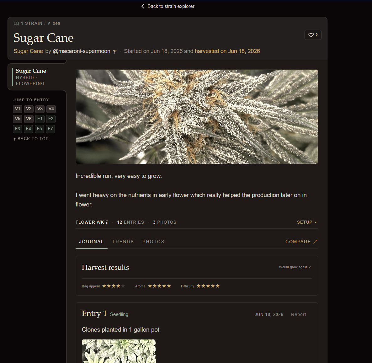 A Grow & Tell grow journal showing weekly entries with photos and metrics